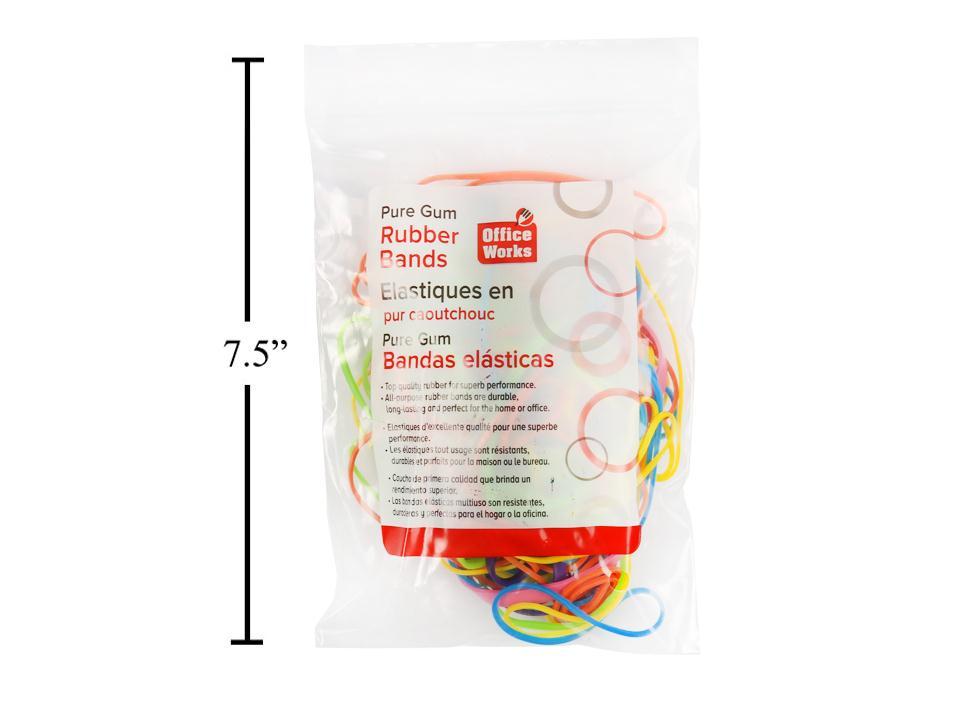 O.WKs.1.5oz Rubber Bands, Asst.Sizes & Colours in a zip lock bag