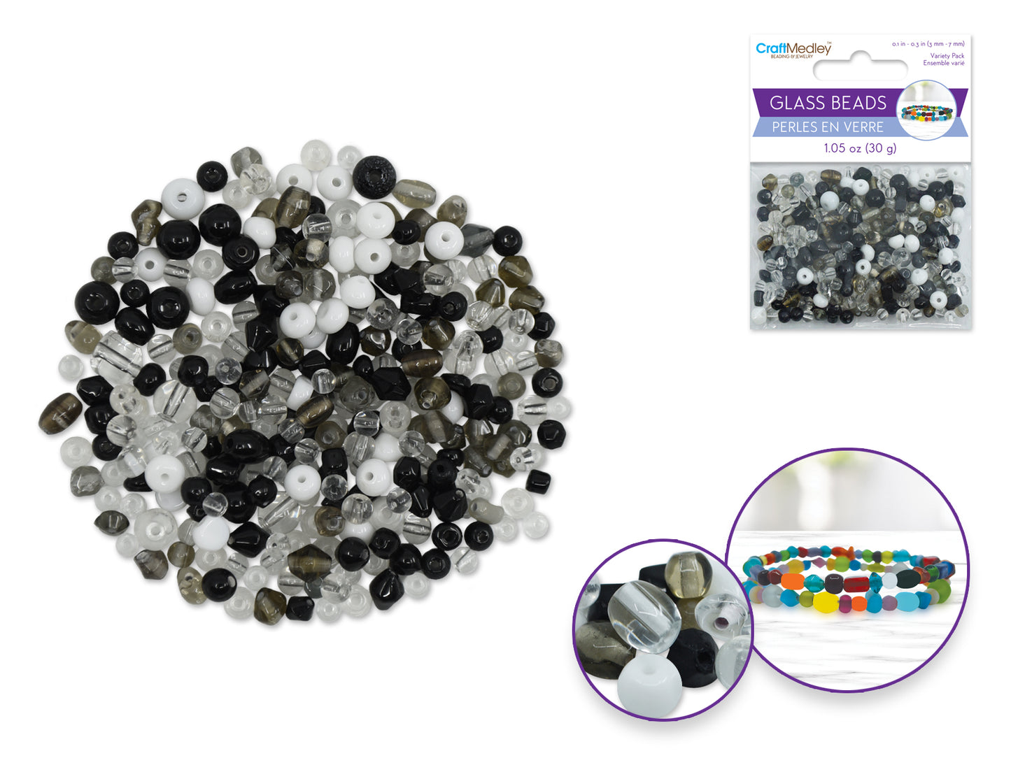 Glass Beads: 3mm-7mm Mix-Pack 30gms D) Classic