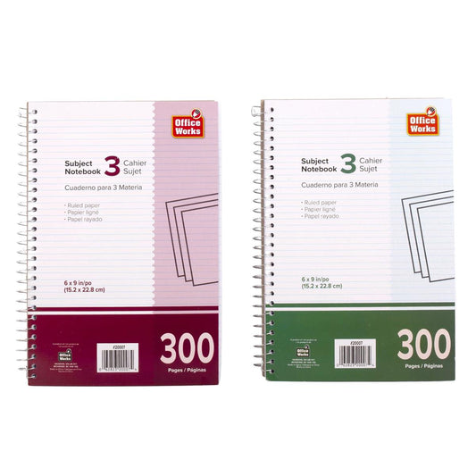 O.WKs. 300 Pages 3-Subject Notebook Coil, 6"x9", 2 cols