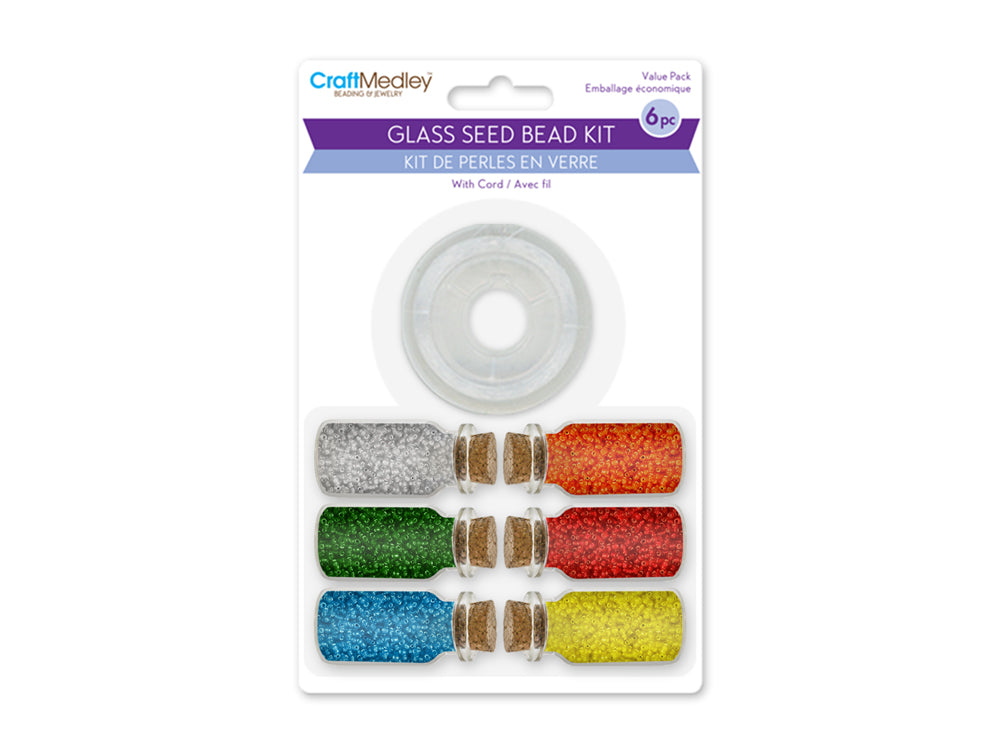 Glass Seed Bead Kit: 6pc Asst 60g (6*10g) w/Cord+Cork Stopper A) Brights