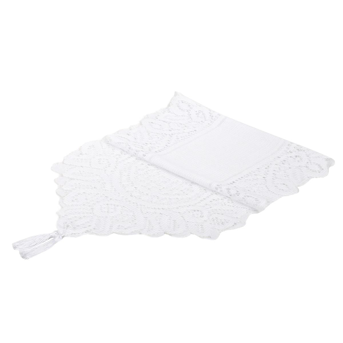 H.E.  Table Runner w/Tassel, White,  13" x 54", header card