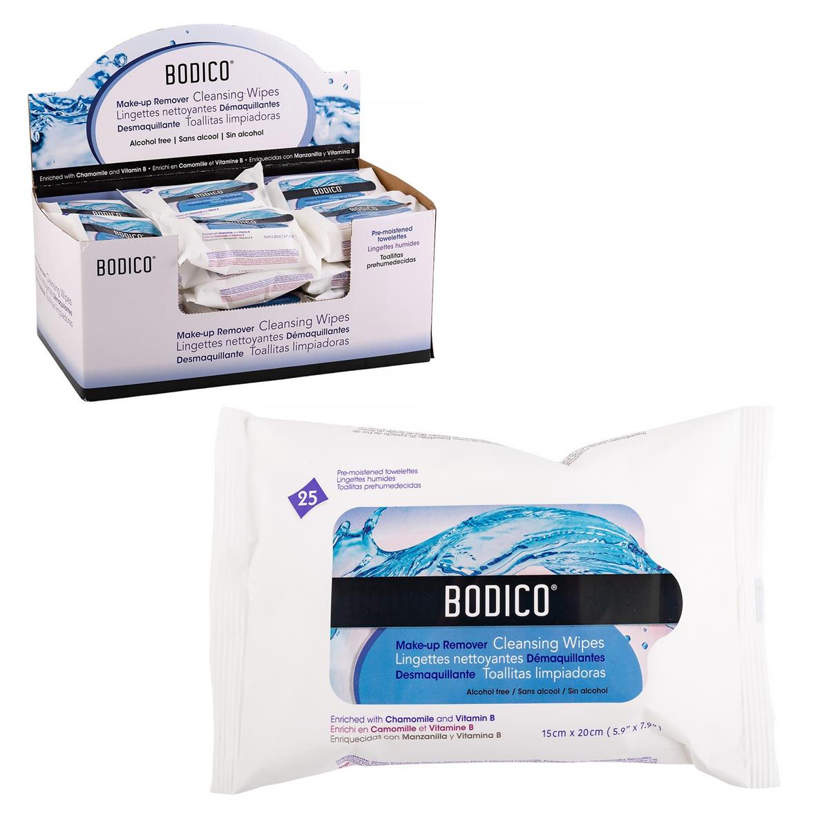 Bodico, 25-pc Facial Wipes, 15x20cm Printed Bag, 24/display box (82344)