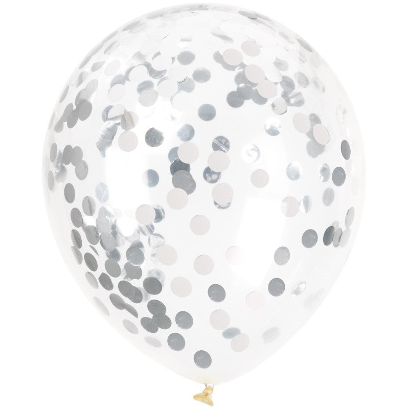 Helium filled - Silver Foil Confetti Filled 12" Clear Latex Balloon