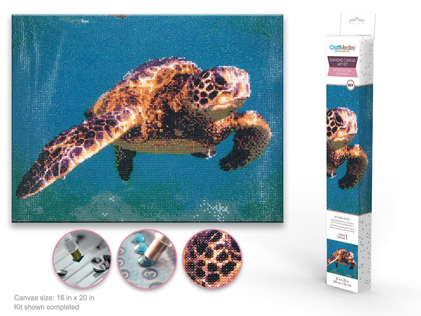 Craft Medley Kit: Diamond Painting Art Kit 15.8"x19.7" w/Gems+Tool+Tray H) Sea Turtle