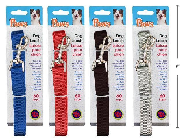 PAWS. 60" x 3/4" Dog Leash, 4 col.