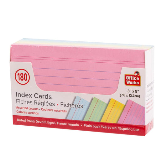 O.WKs. 3x5" 180-Pc Ruled Index Card Assorted Colours, colour box