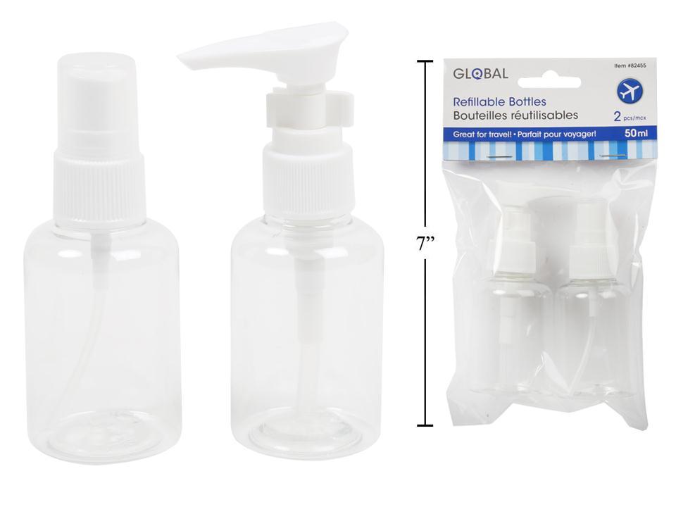 Global 2-pc 50ml Travel Bottles, 1 Pump+1 Spray, pbh(HZ) white lid,