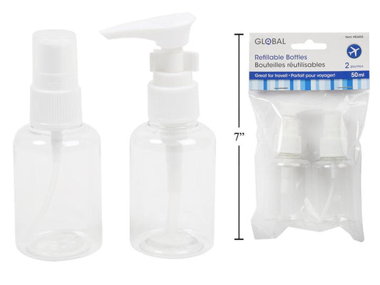 Global 2-pc 50ml Travel Bottles, 1 Pump+1 Spray, pbh(HZ) white lid,