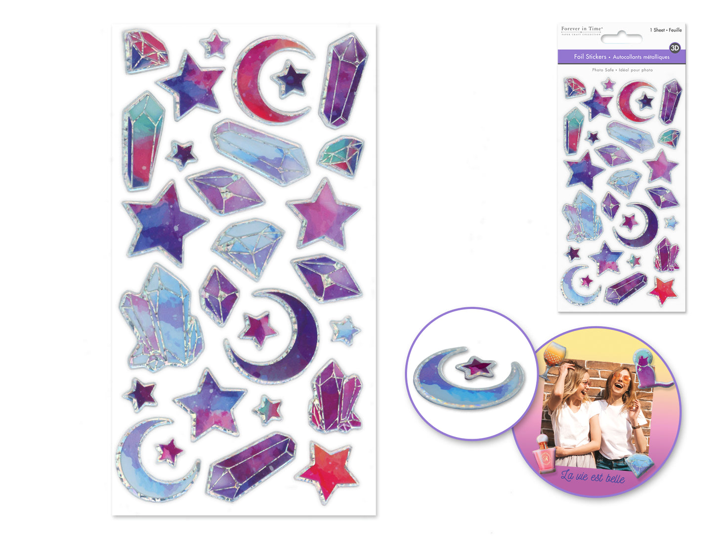 Paper Craft Sticker: 3.8"x6.9" 3D Foil Ombre I) Crystal Moon