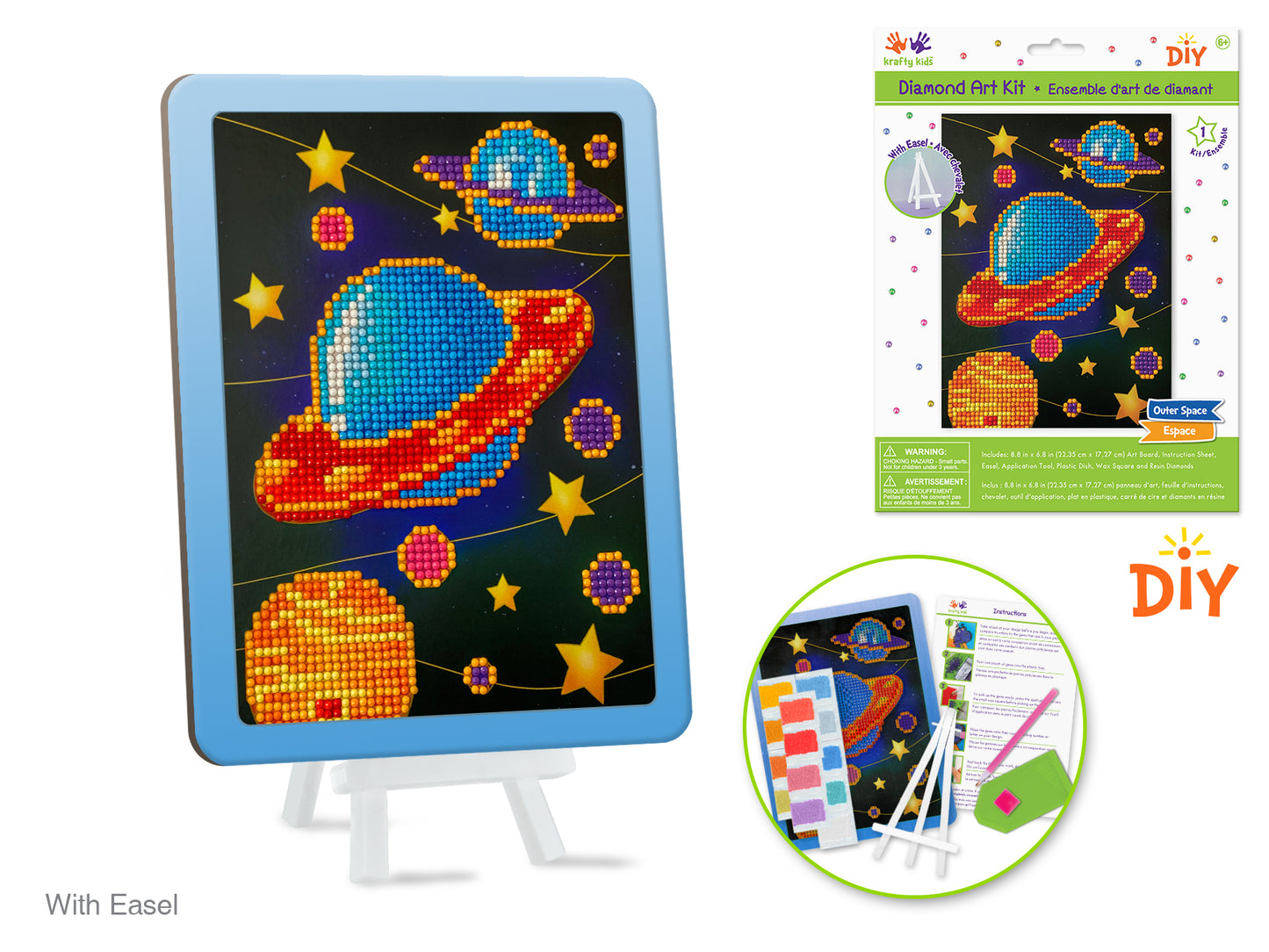 Krafty Kids Kit: 8.8"x6.8" DIY Diamond Painting Kit w/Easel D) Outer Space