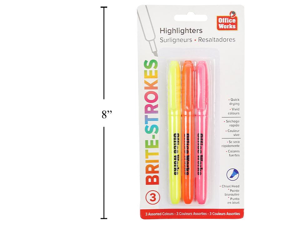 O.WKs. 3-pc "Brite" Hi-liters, Chisel Tip/Yel/Ong/Pnk