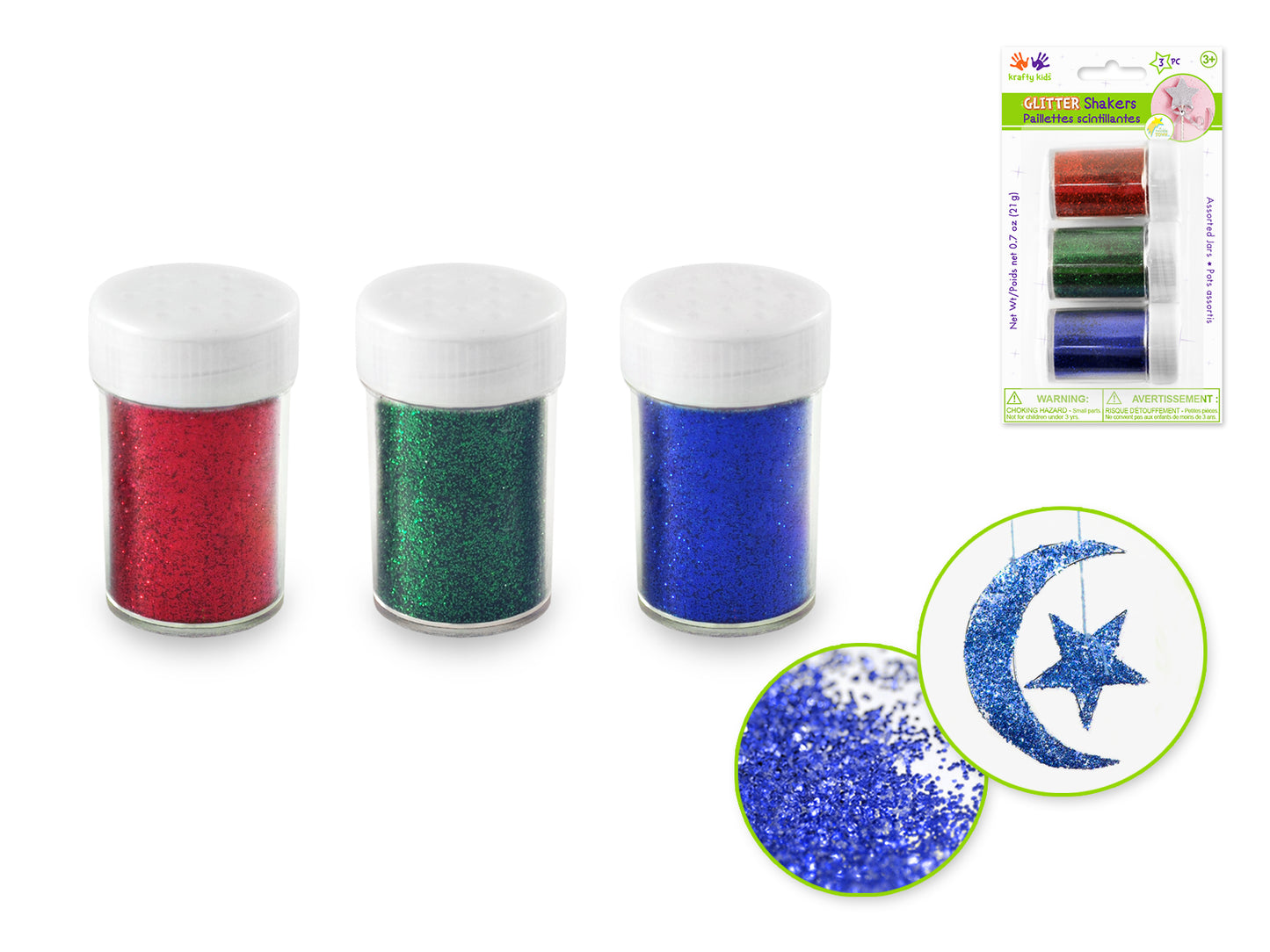 Twinkle Town: 21g Glitter Shaker Jars 3x7g Asst w/Screw-Top B) Red/Green/Blue