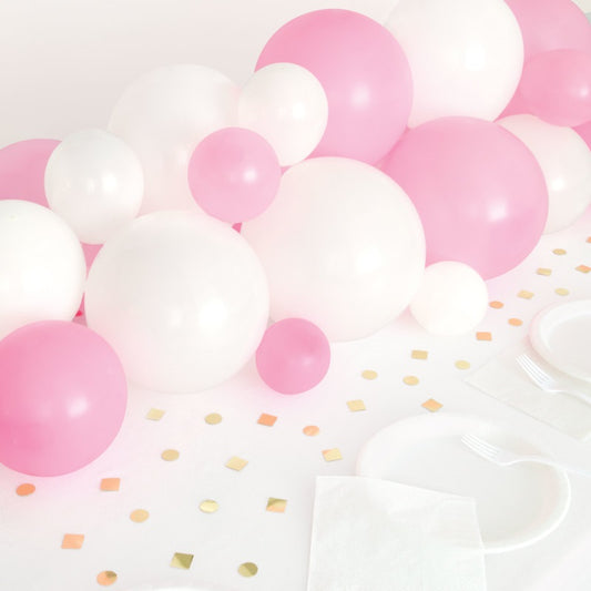 Pink  White & Gold Balloon Garland Table Runner with Foil Confetti Cutouts