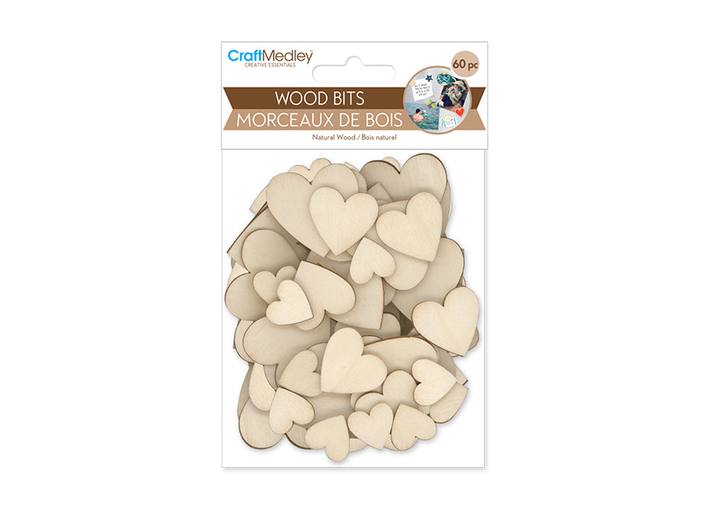 Craftwood: Wood Bits 60pc 1.7mm(T) Asst 3stl 4*4/3*3/2*2cm B) Hearts
