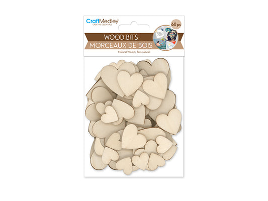 Craftwood: Wood Bits 60pc 1.7mm(T) Asst 3stl 4*4/3*3/2*2cm B) Hearts