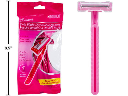 Bodico, 5-pc Ladies Razors, S/S twin blade, printed poly bag