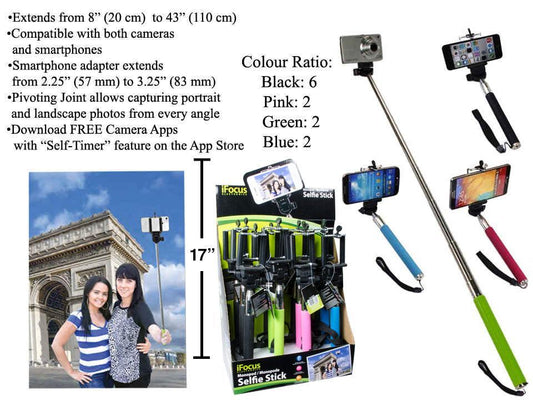 iFocus, Monopod Selfie Stick,8"-43" length, 4 col, 12/dsp w/ hangtag