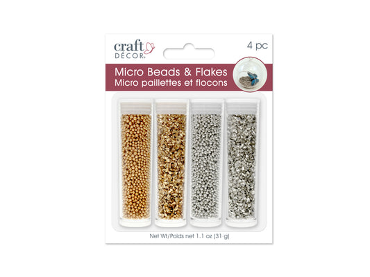 Craft Décor: Micro Beads & Deco Flakes Accent Vials x4 A) Gold/Silver