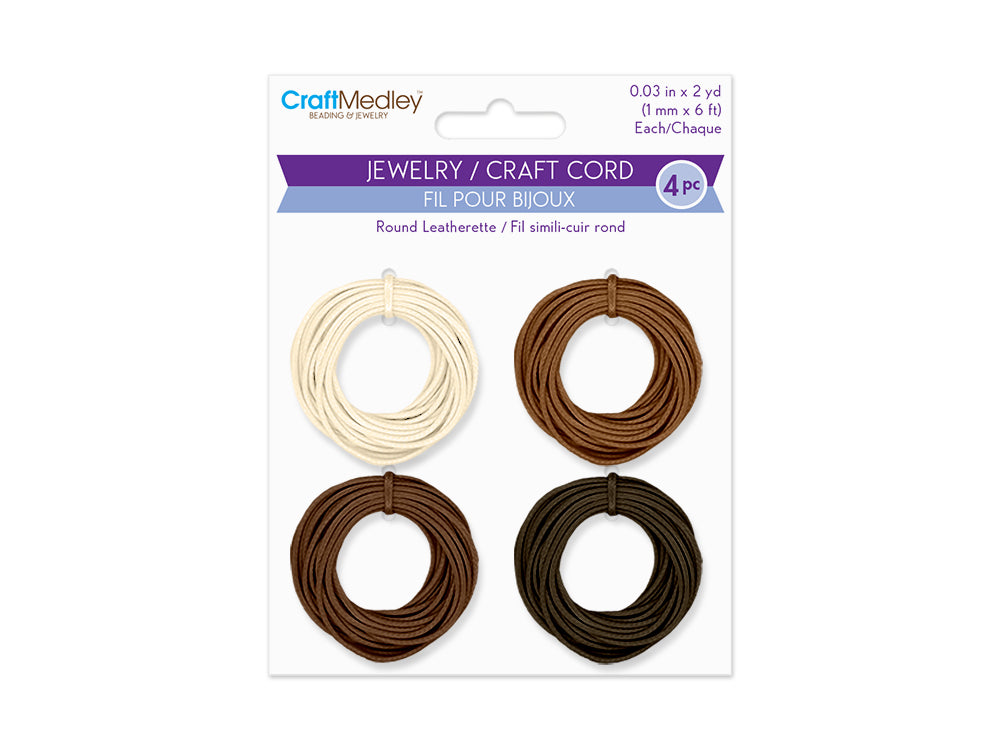 Jewelry/Craft Cord: 1mmx8yds Leatherette Round 4-col Asst A) Natural Asst