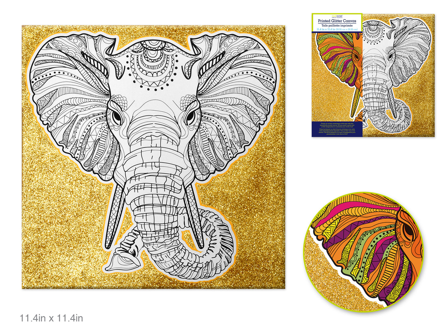 Stretch Artist Printed Canvas: 11.4"x11.4" Glitter Primed Back-Stapled C) Elephant