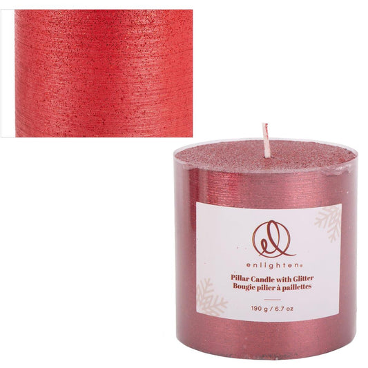 Enlighten 2.95"x2.95" Metallic Red Pillar Candle w/Glitter, label