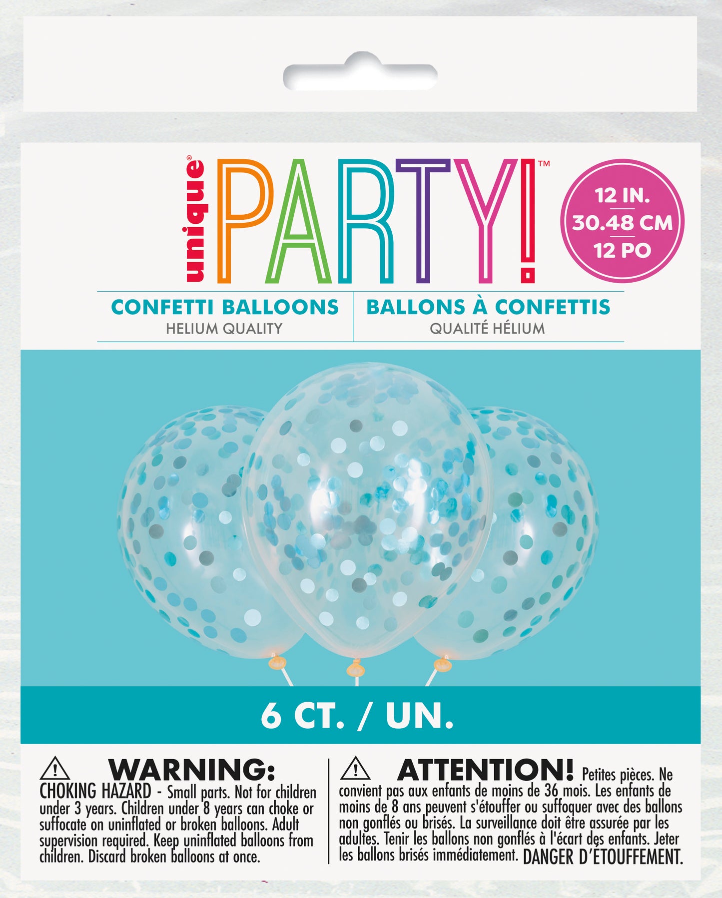 Latex balloon 12"- Clear Light Blue Foil Confetti Filled , 6ct