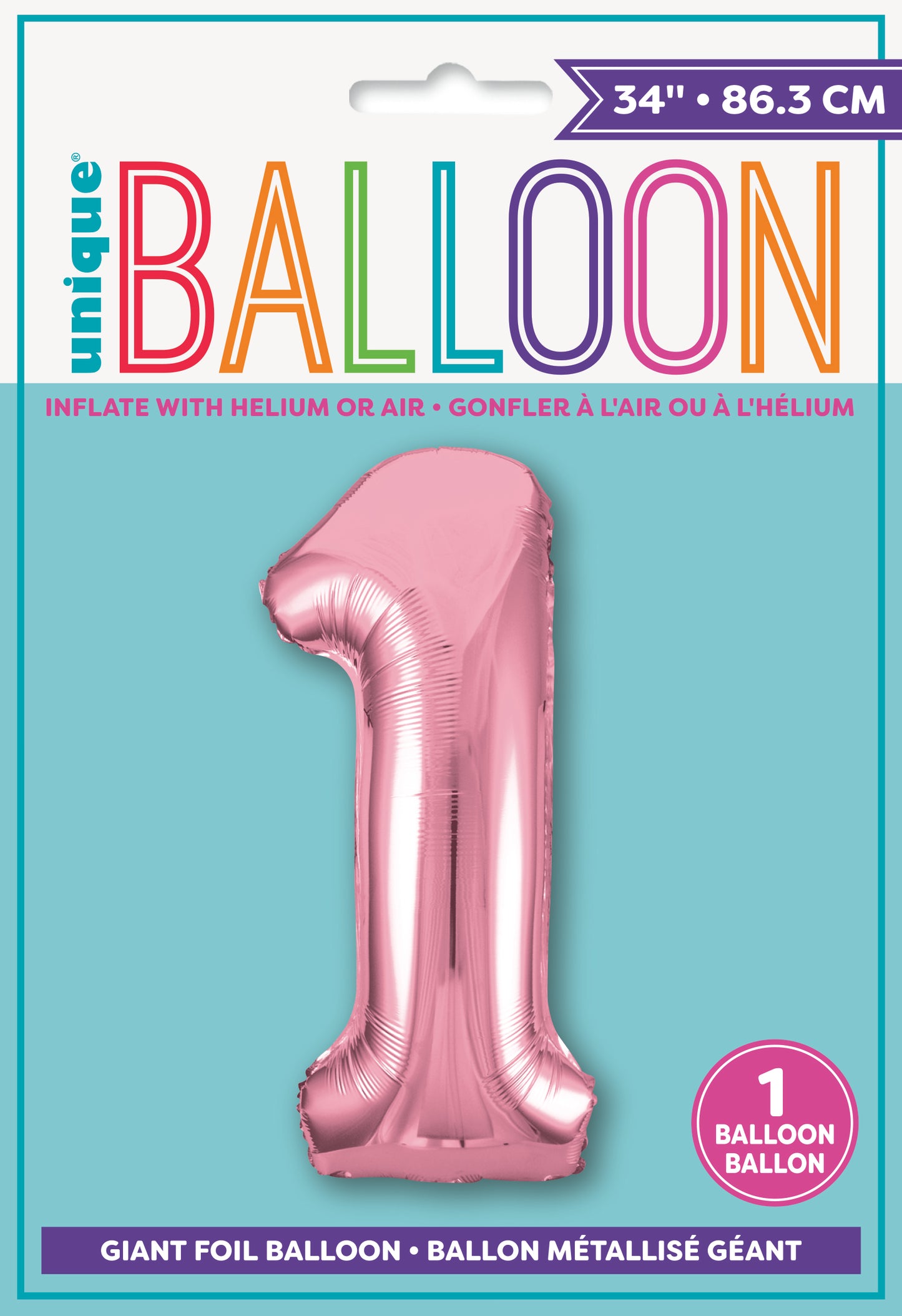 Helium filled - Lovely pink Number 1 shaped Foil Balloon 34"