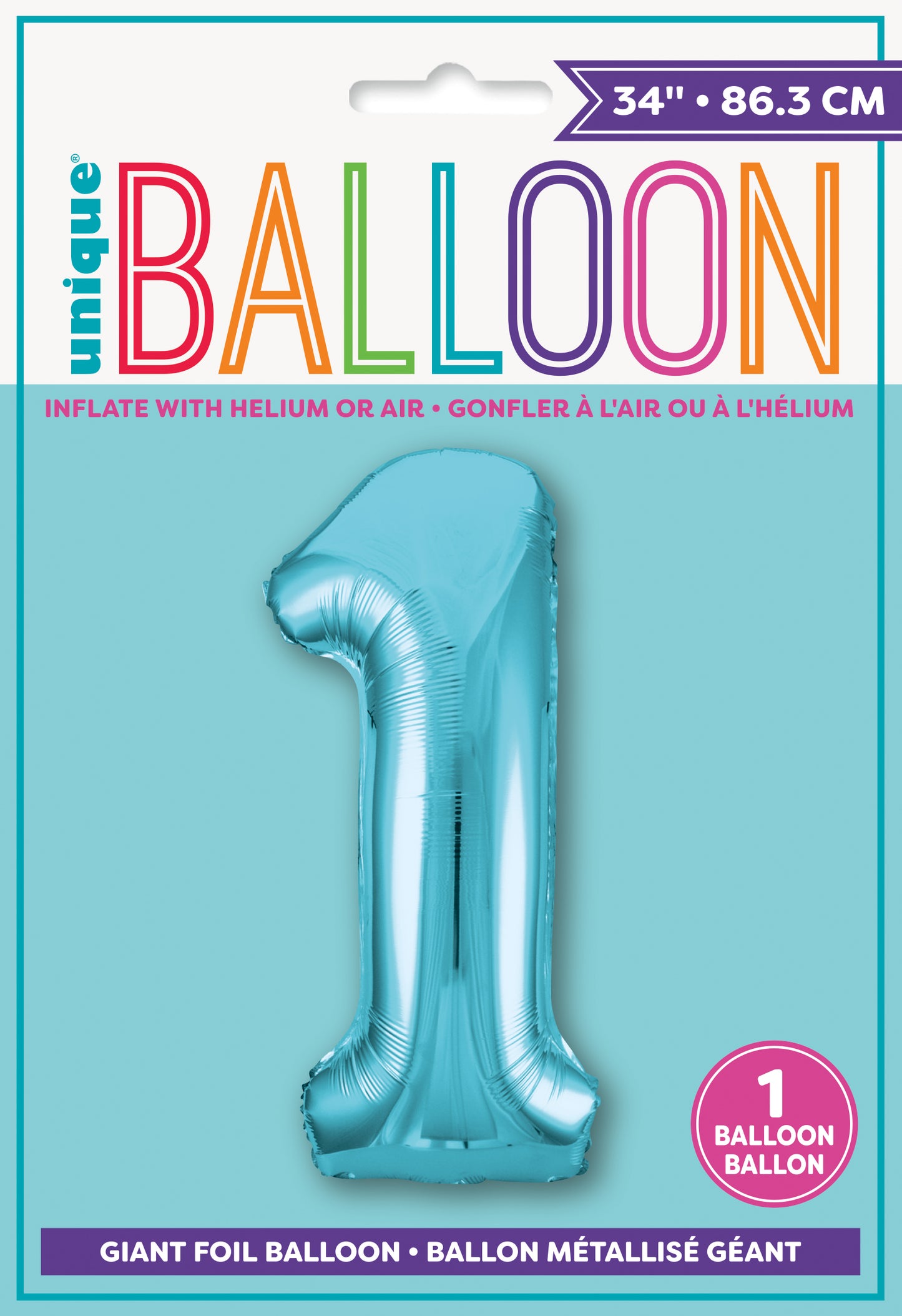 Foil Balloon 34" - Powder Blue - Number 1 Shaped
