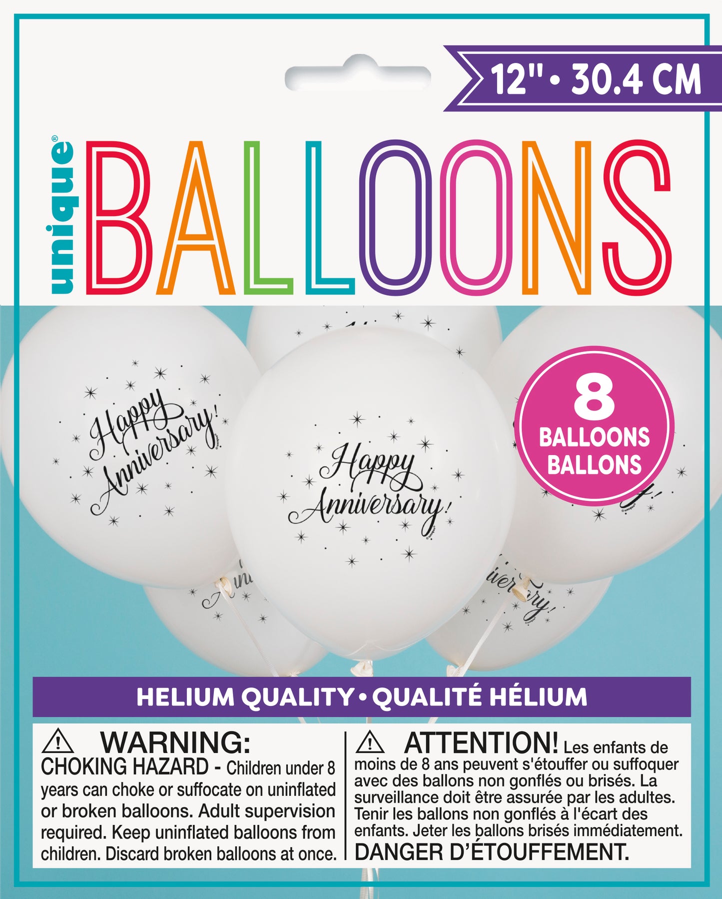 Latex Balloons 12": White Happy Anniversary, 8/PK