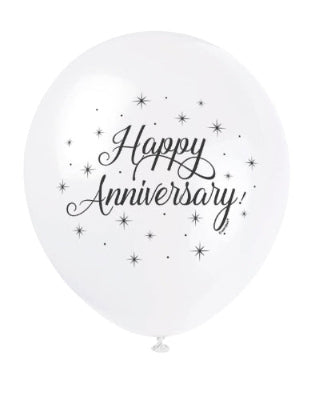 Latex Balloons 12": White Happy Anniversary, 8/PK