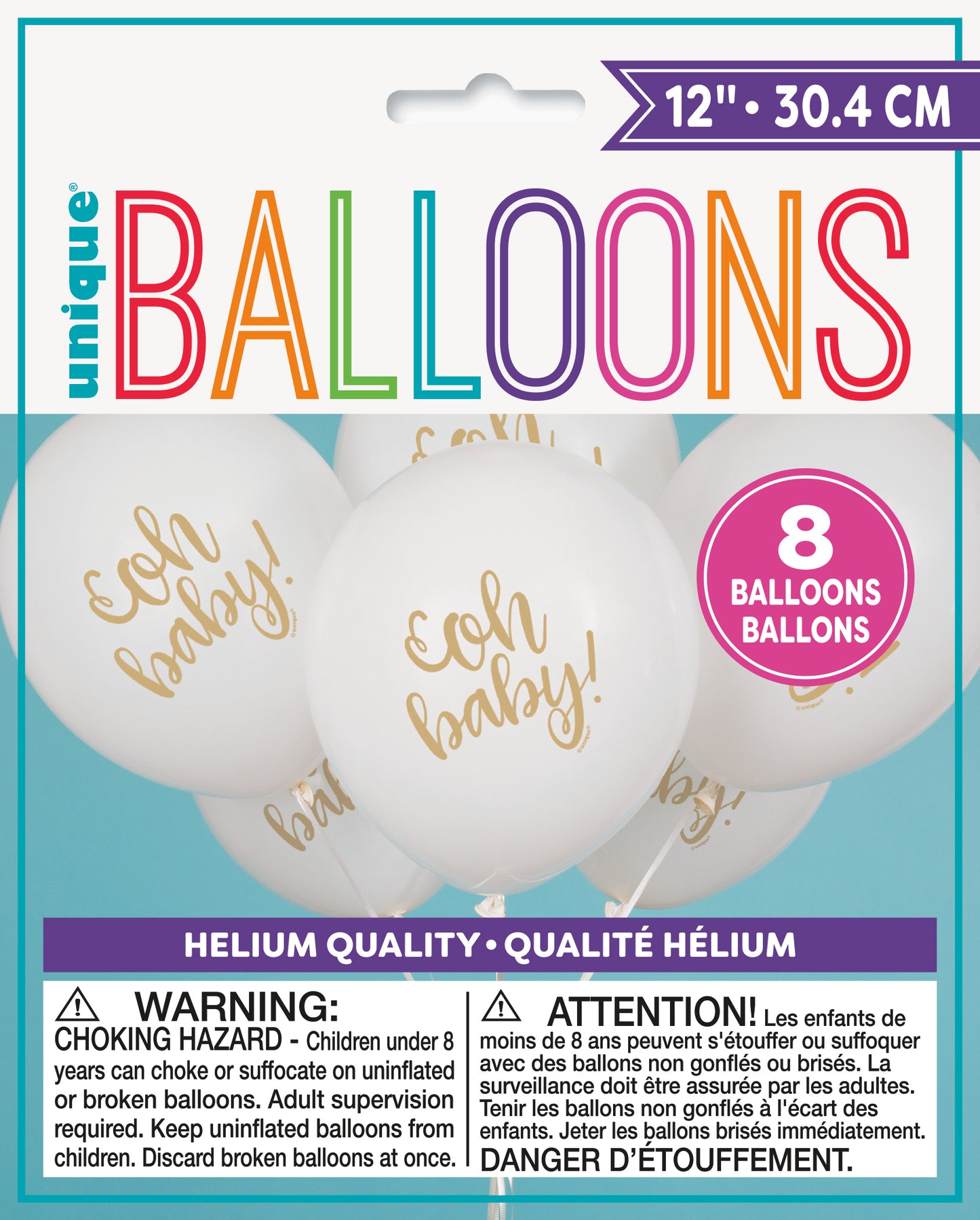 Latex Balloon 12"-White Gold Oh Baby" Baby Shower,8ct
