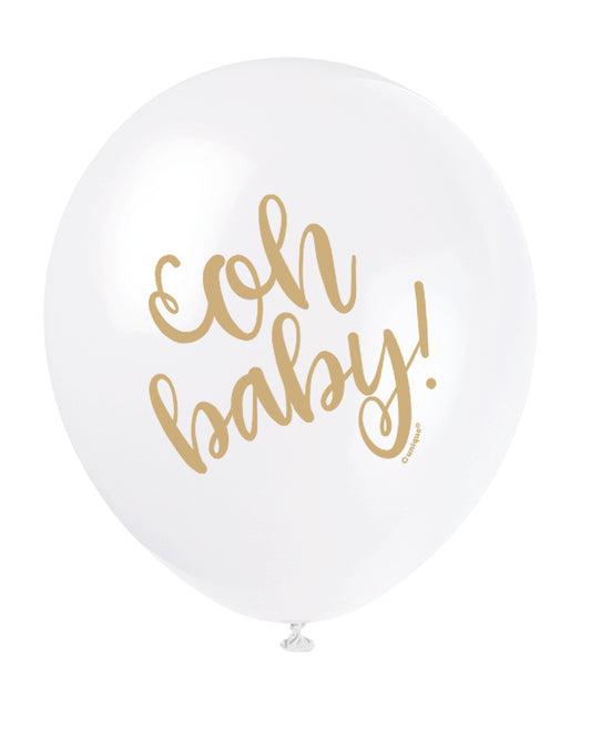 Helium filled - White Gold "Oh Baby" Baby Shower 12" Latex Balloons