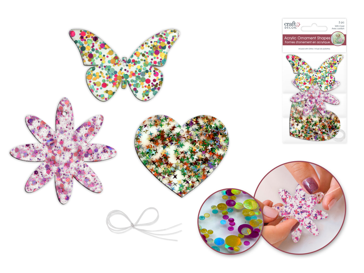Craft Decor: 5cm-6cm Glitter Infused Acrylic Ornament 3pc Asst B) Chic