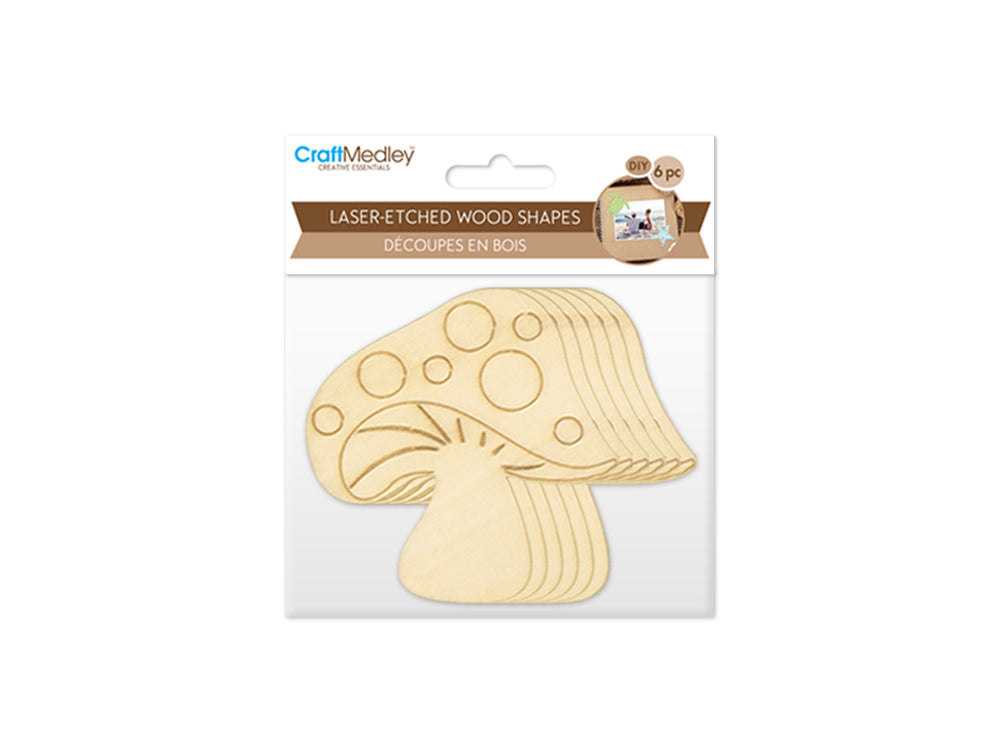 Wood Craft: Laser-Etched Wood Shapes x6 A) Mushroom