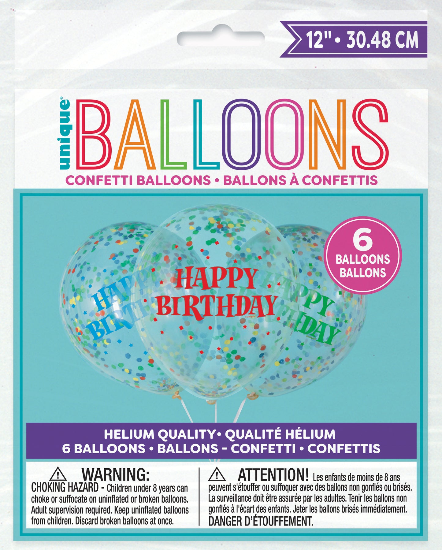 Latex balloon 12"- Clear Birthday with Bright Confetti - Pre-Filled with Confetti, 6ct