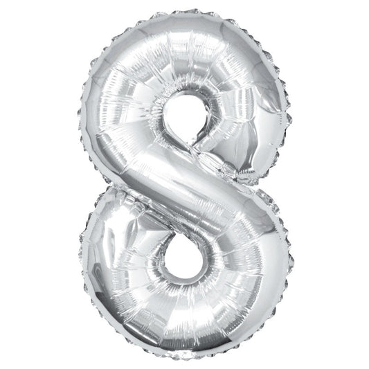 Silver Number 8 Shaped Foil Balloon 34"  Packaged