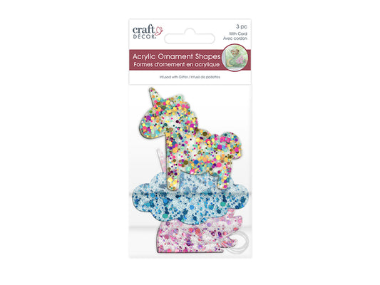 Craft Decor: 5cm-6cm Glitter Infused Acrylic Ornament 3pc Asst A) Unicorn