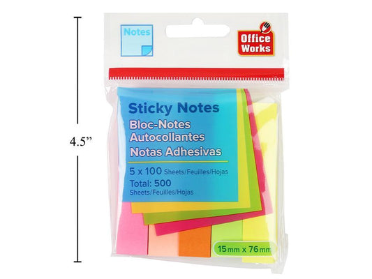 O.WKs.100-sheet Sticky Notes,  5-pack 76x15mm,  Neon Col., pbh