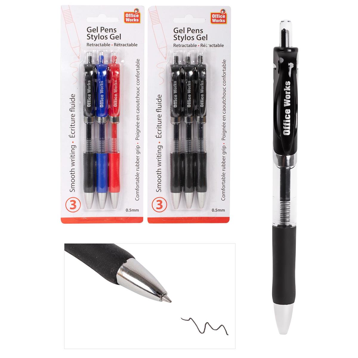 O.WKs. 3-pc Retractable Gel pen, 2 styl, Red,Black&Blue Ink, B/C