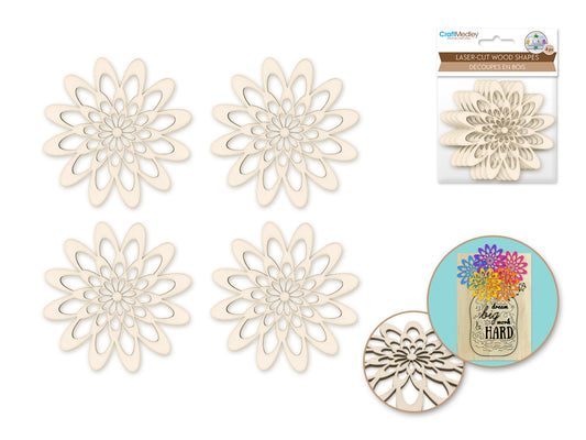 Wood Craft: 8cm Laser-Cut Ornate Wood Shapes x4 K) Floral Burst