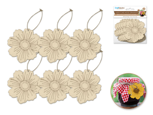 Wood Craft: 3.5" Laser-Etched Wood Shapes 6pc w/Jute A) Pansy