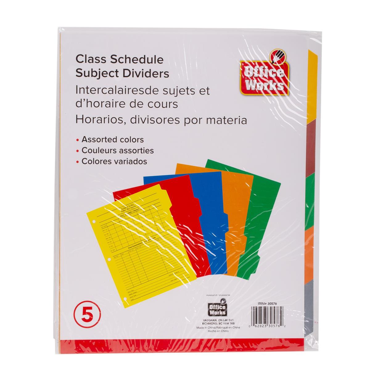 O.WKs. 5-pc Paper Class Schedule Subject Divider, 36/dsp