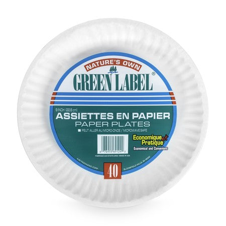 GREEN LABEL 9" PAPER PLATE 40/PACK X 24/CS