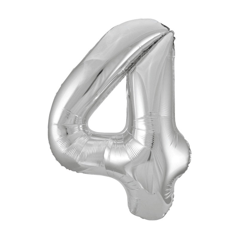 Silver Number 4 Shaped Foil Balloon 34"  Packaged