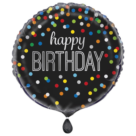 Black Rainbow Dot Happy Birthday Round Foil Balloon 18"  Packaged