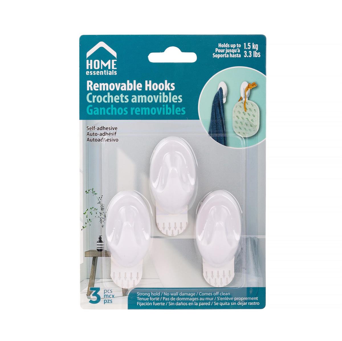 H.E. 3-PC Removable Hooks Self-adhesive. L:1.9"