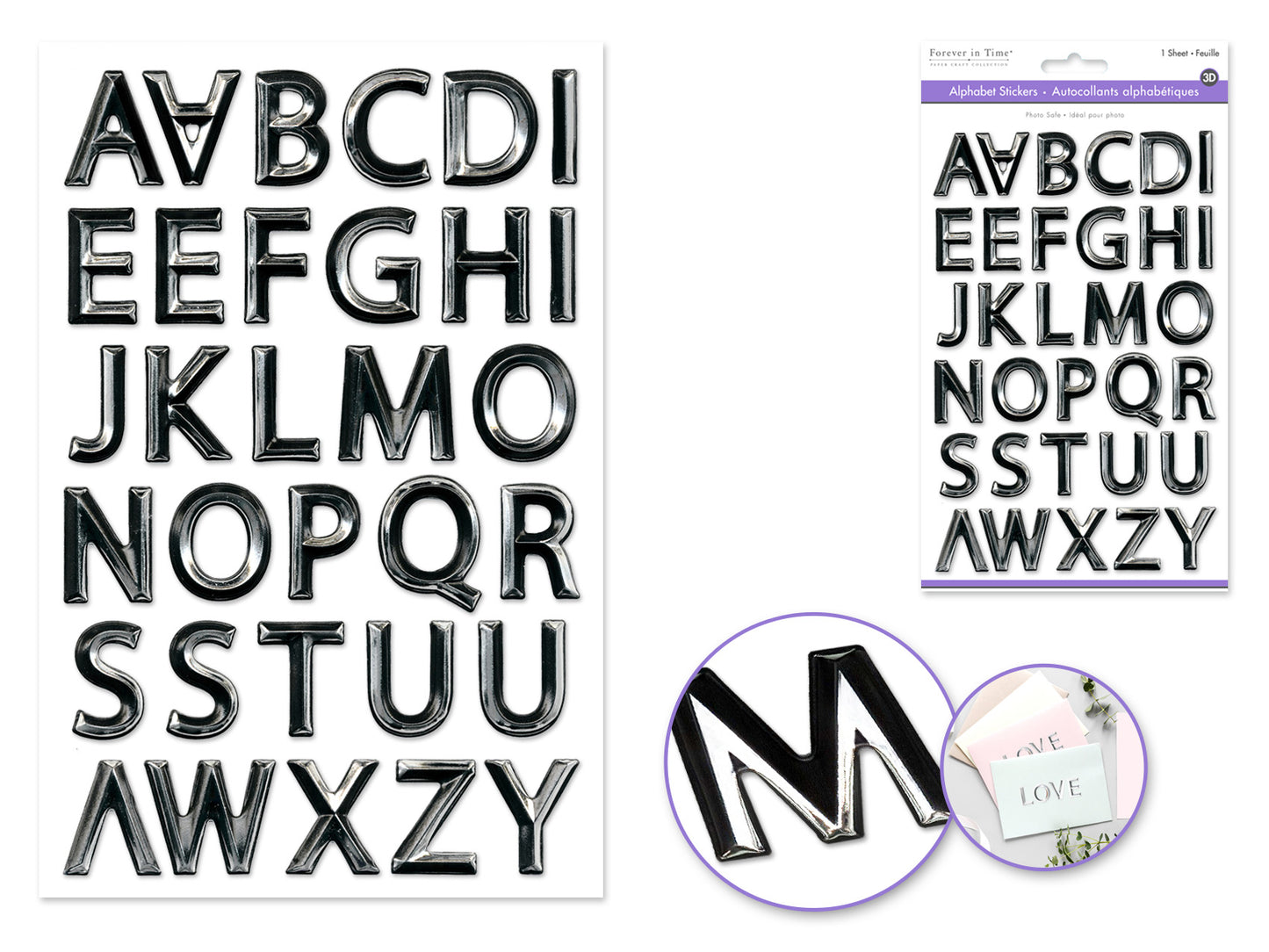 Paper Craft Sticker: 5.7"x9.8" 3D Alpha PVC D) Black w/Silver Foil
