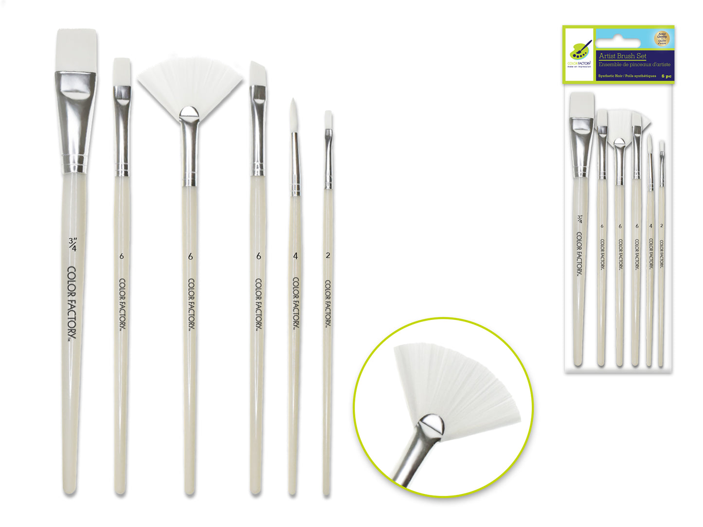 Artist Brush Set: White Synthetic Hair Variety Pack x6 Plastic Handle A) Multi-Set 1