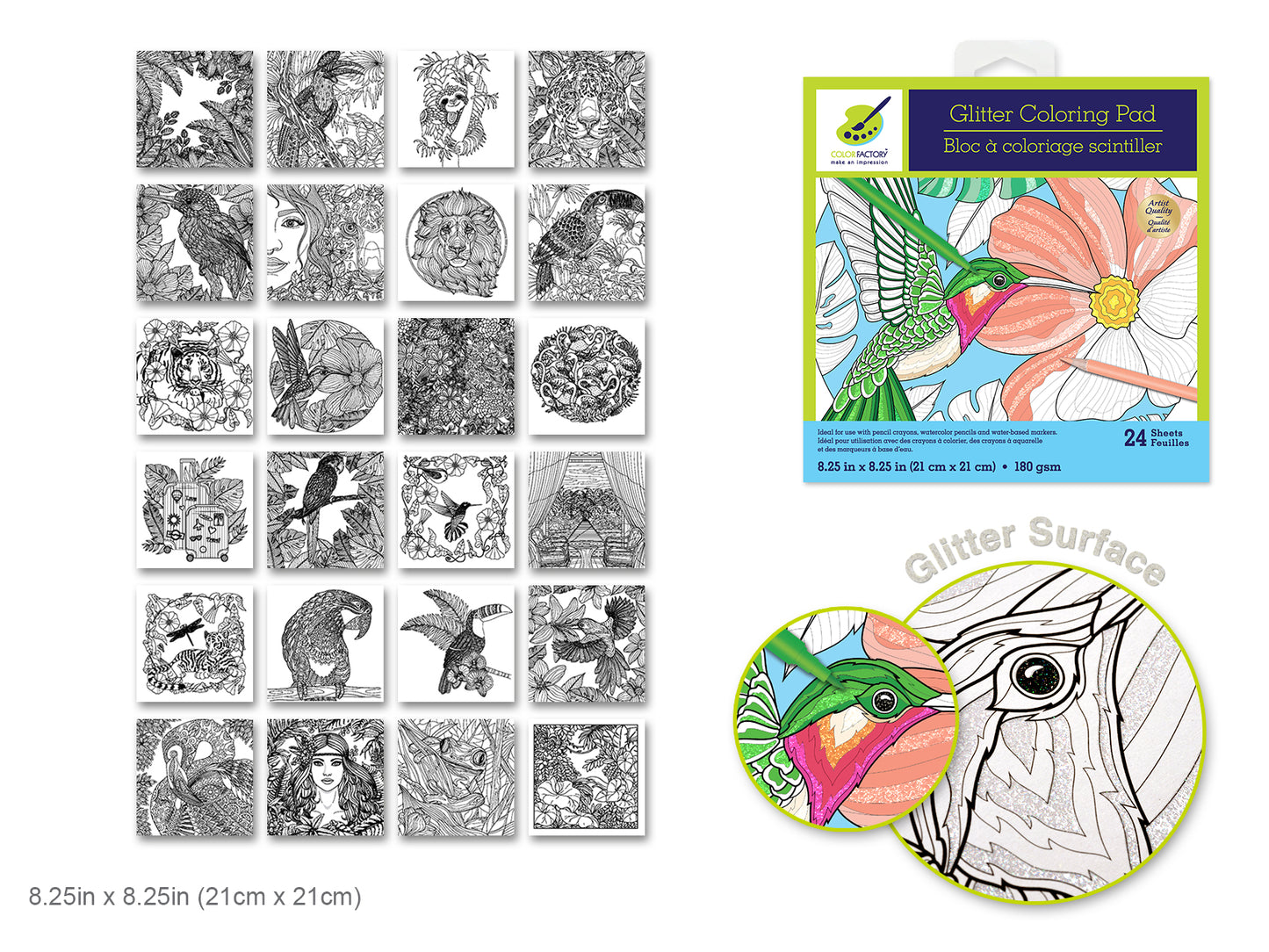 Color Factory: Glitter Coloring Pad 8.25"X8.25" 180Gsm 24Sht M) Exotic Animals
