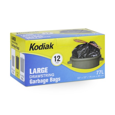 KODIAK REG BLACK DRAWSTRING GARBAGE BAG 30" x 33" (760MM X 840MM) 12 BAGS/ROLL